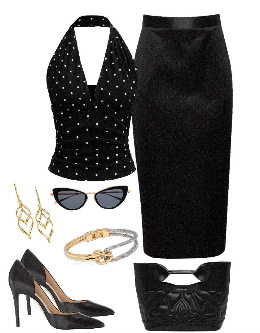 v-neck polka dot black top and pencil skirt