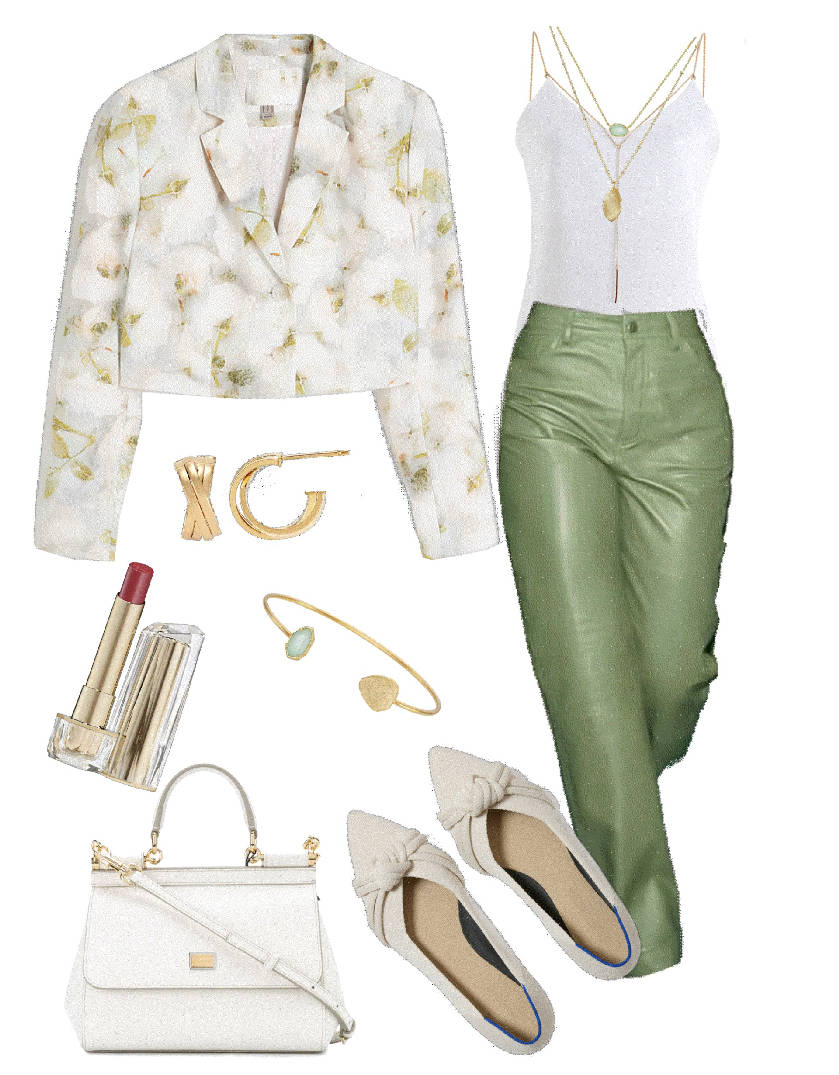 tendril green pants and white top and jacket