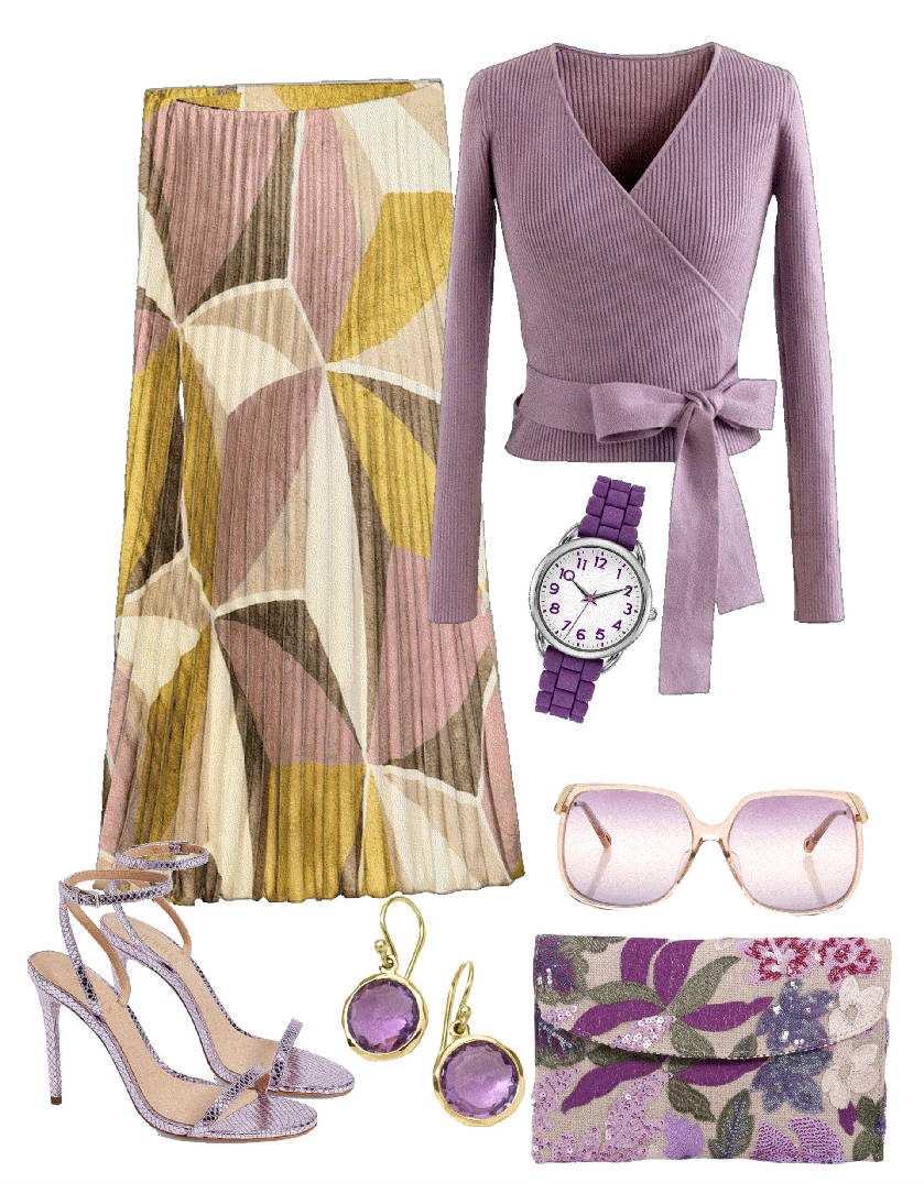 geometric vintage print skirt and purple top