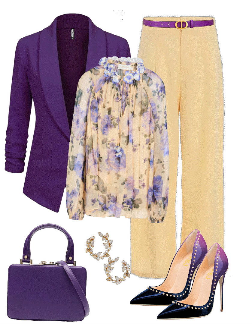 butter yellow purple floral blouse styleed with yellow pants