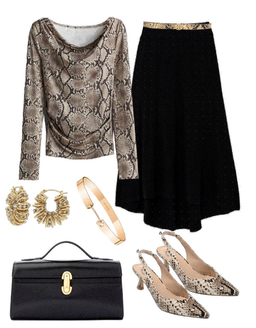 animal print kitten heel pumps with black skirt