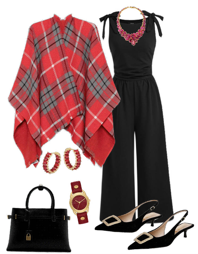 black kitten heel shoes with black jumpsuit