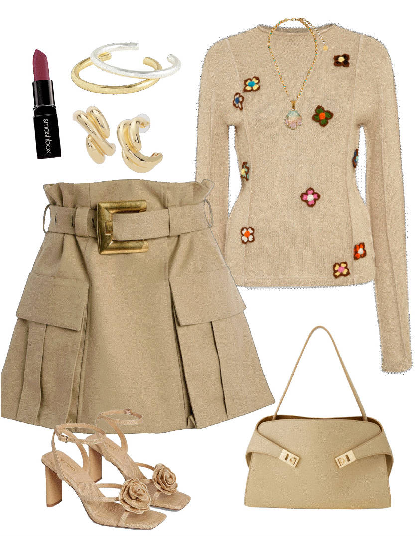 beige mini skirt and beige top