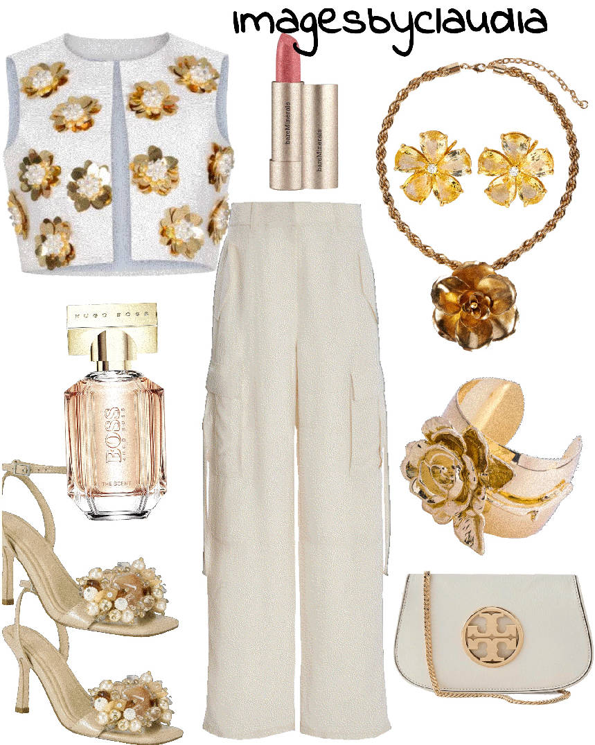 beige sandals with sequins and vest