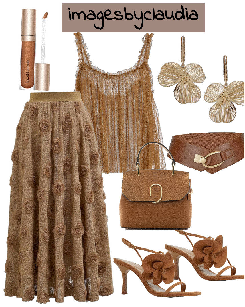 sheer neutral maxi skirt and top with rosette sandals