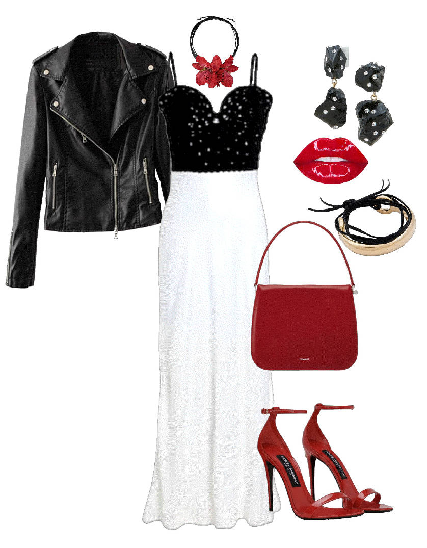 black and white jumpsuit with a rosette