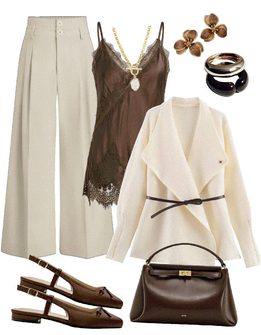 cute belted cardigan and wide leg pants