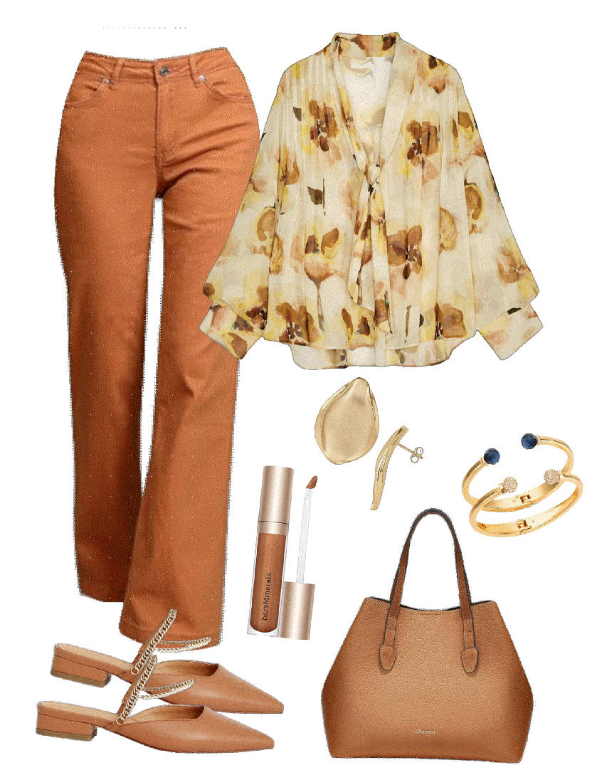 floral blouse and orange pants