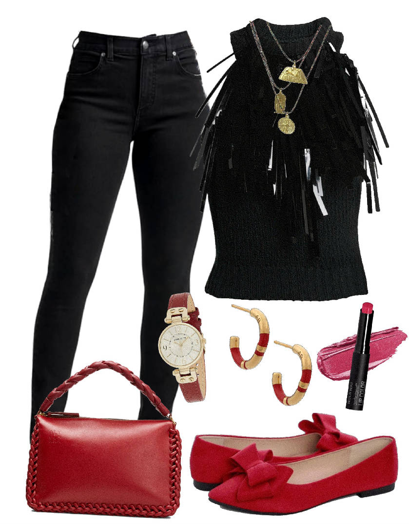 black outfit with red shoes