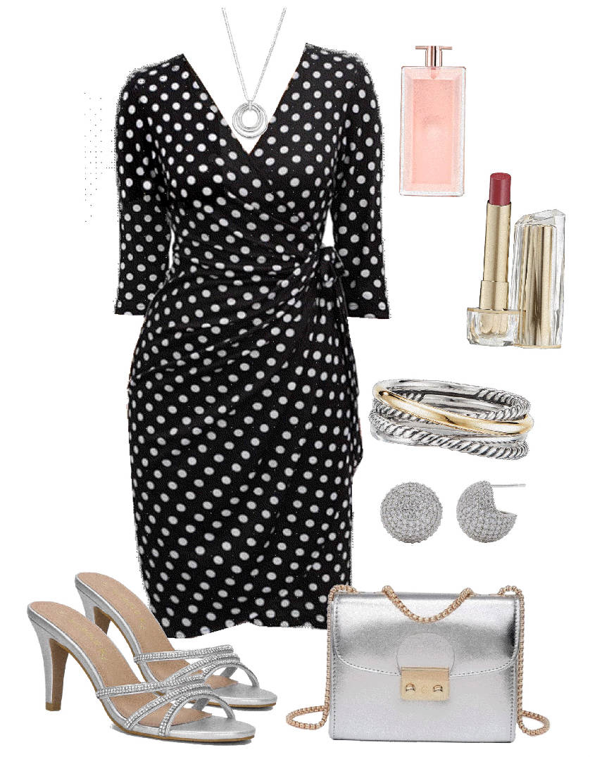black polka dot wrap dress