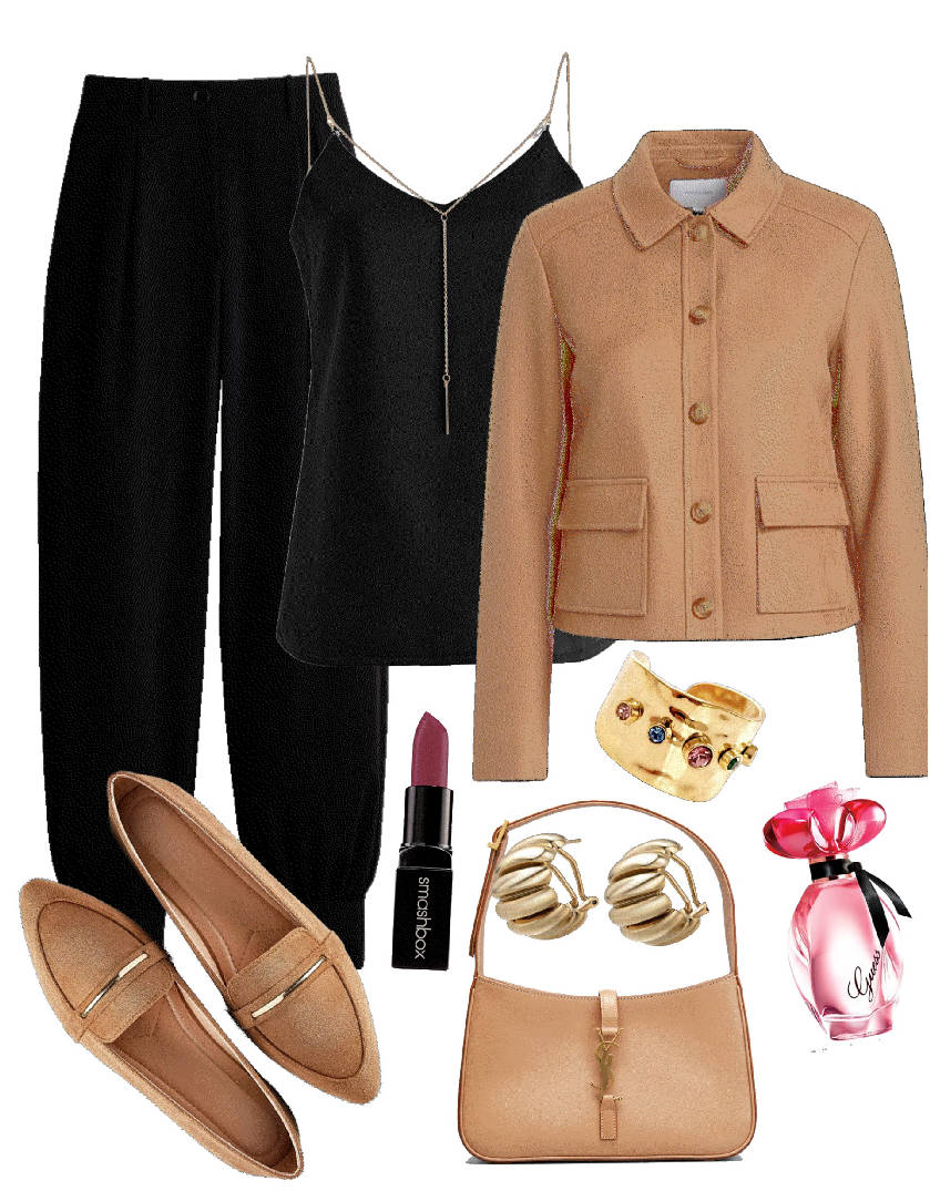 full black outfit with brown jacket and shoes