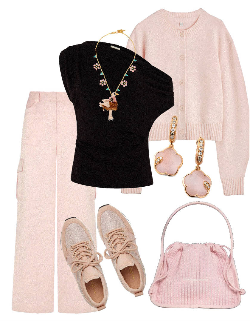 pink sneakers with cargo pants