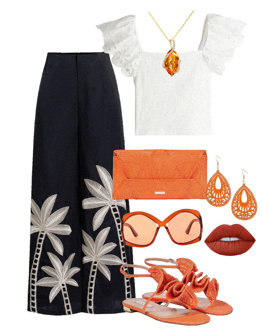 orange clutch raffia bag with flowy pants