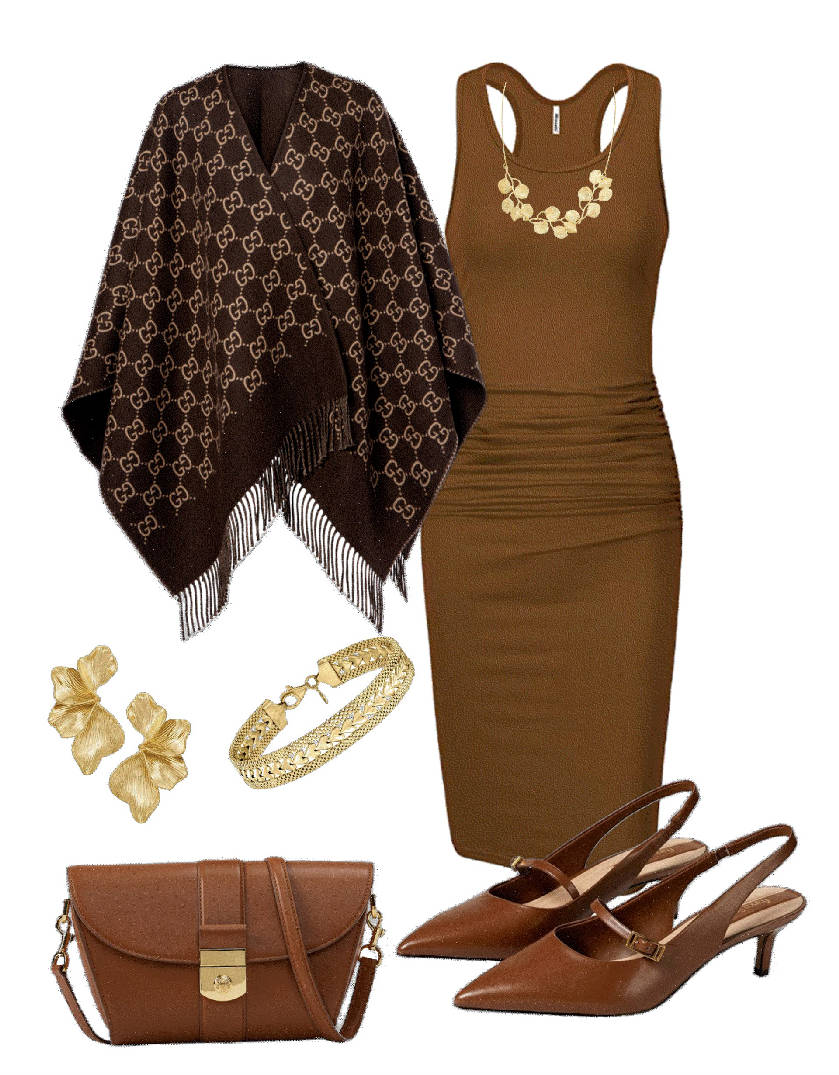 brown bodycon dress with brown kitten heel