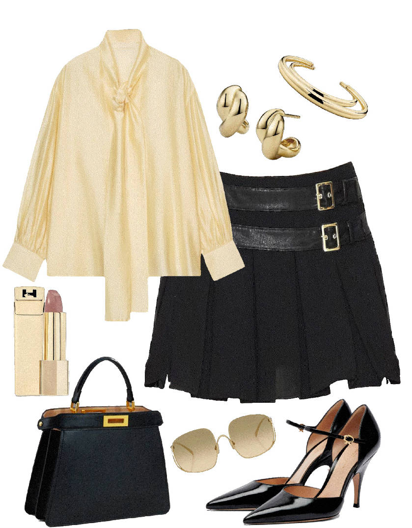 butter yellow blouse and mini skirt