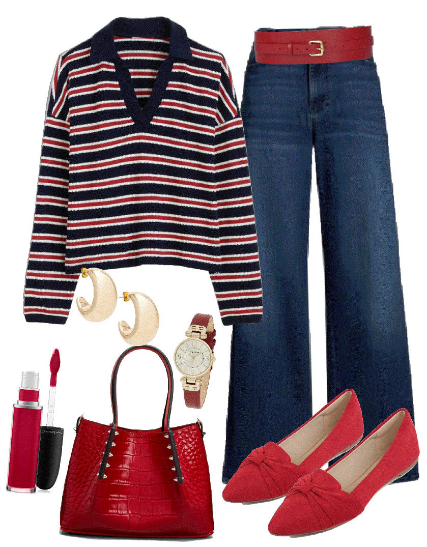casual outfit in stripe polo top and jeans