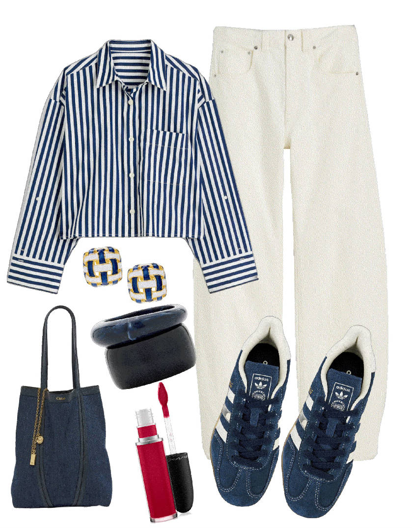 the trendy white barrel jeans and stripe shirt