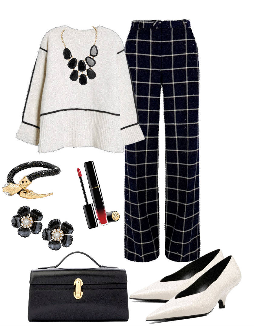 white pumps kitten heel with black pants and sweater
