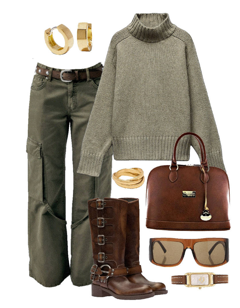 green cargo pants and turtleneck sweater