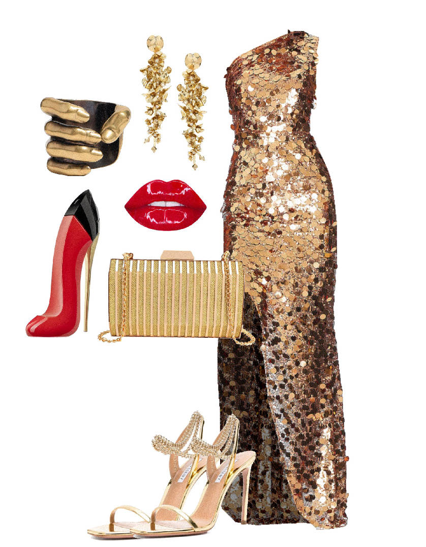 gold sequin slit gown outfit