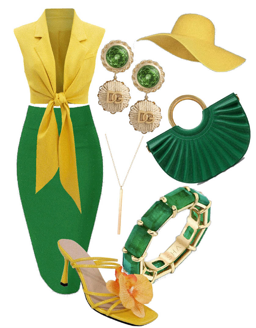 yellow flower sandals with green skirt and top
