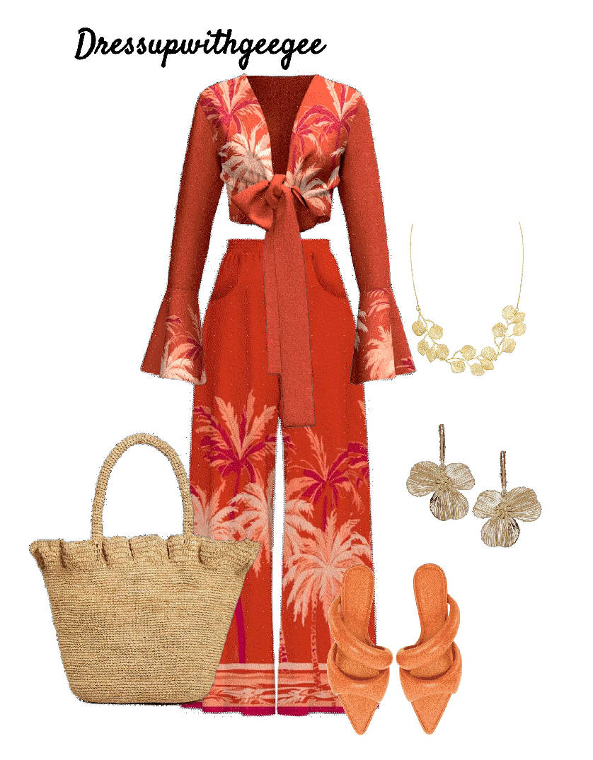 orange matching set styled with raffia bag