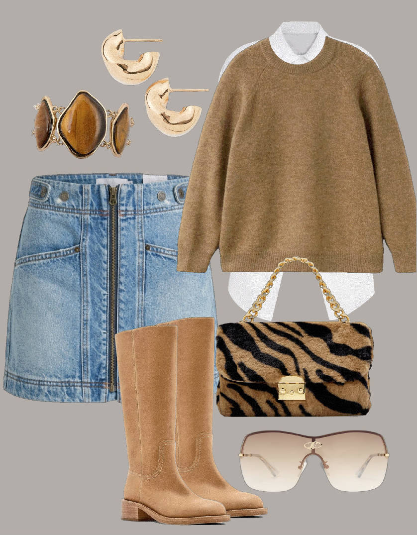 tan color boots and mini skirt