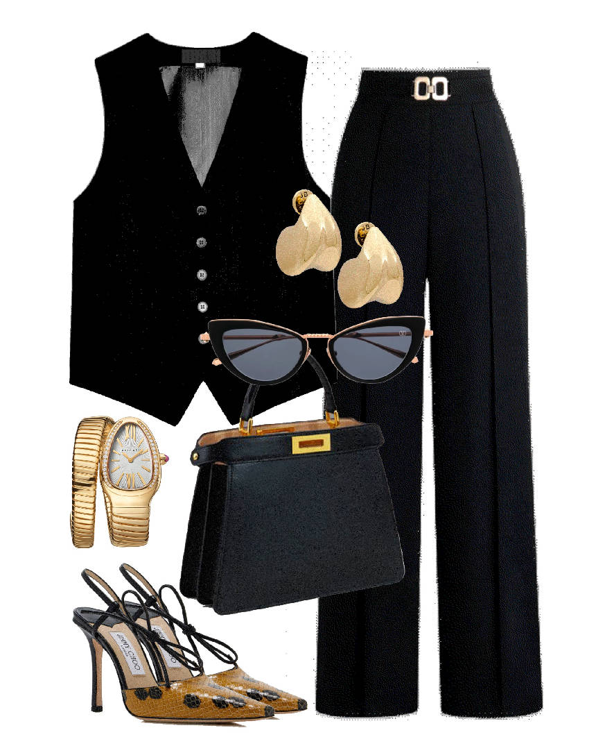 high waist pants and a vest all in black