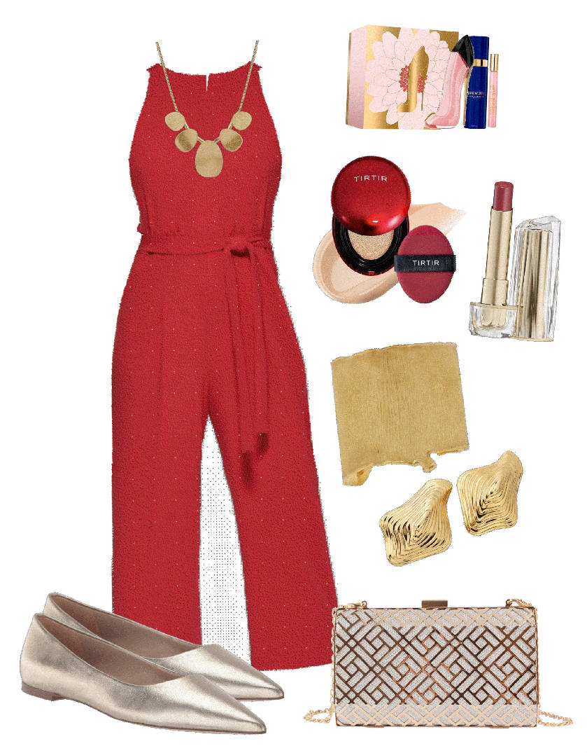 red evening jumpsuit style