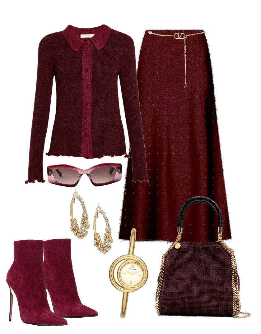 burgundy monochromatic skirt booties outfit