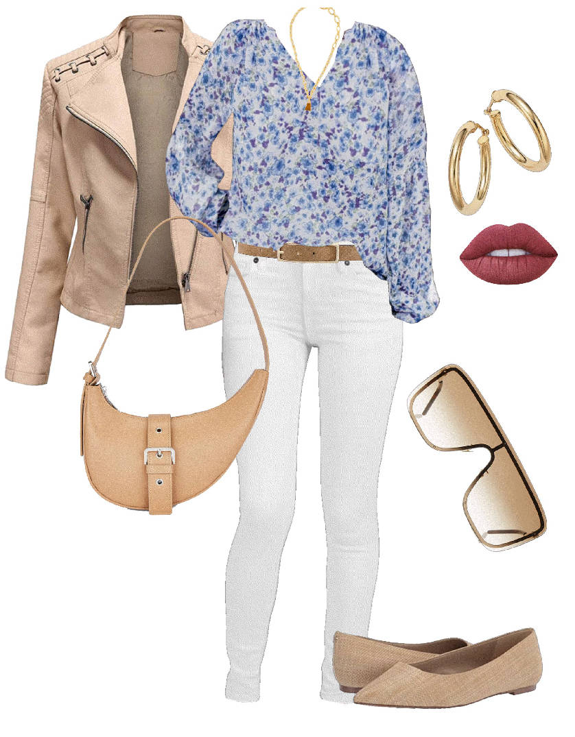 floral blouse with white jeans