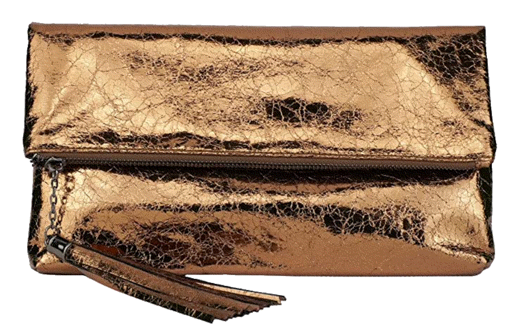 d Metallic Fabric Foldover Clutch with Tassel JNB