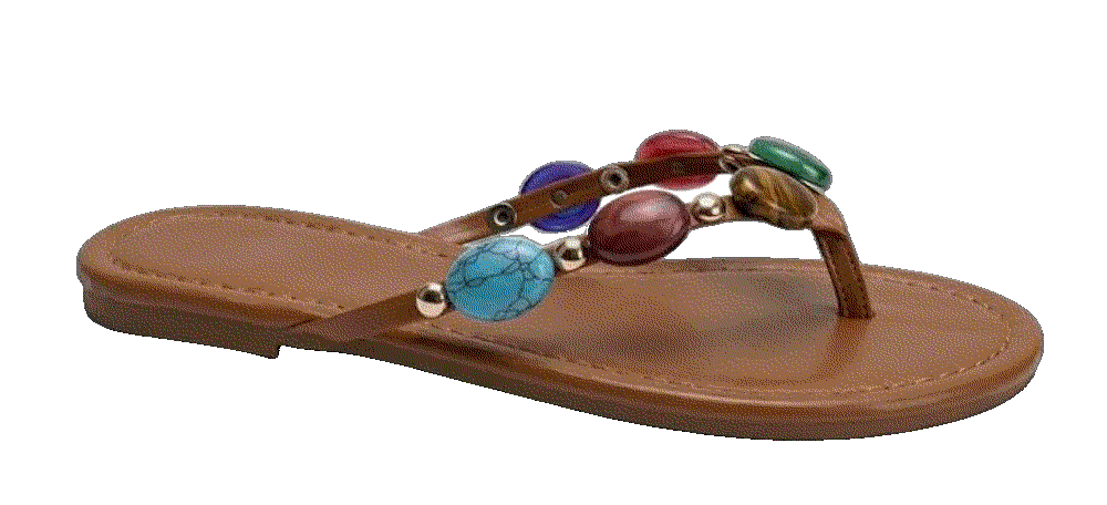 Jewelled Thong Strap Open Round Toe Flip Flops Oakmoo 