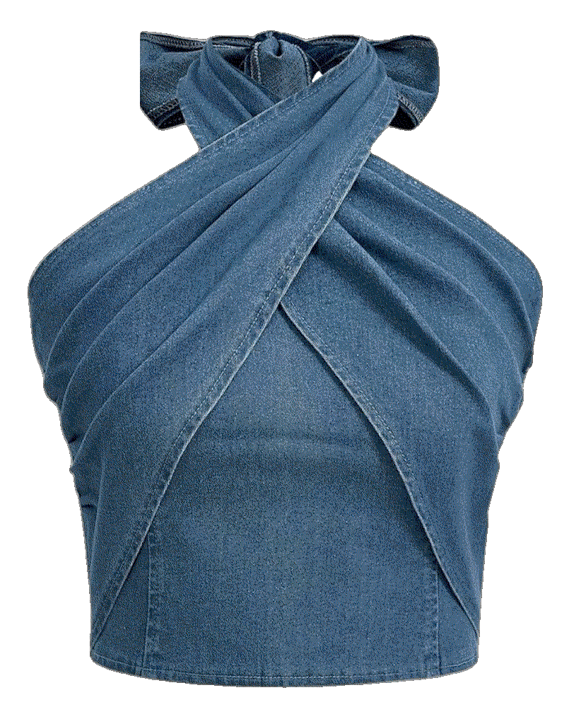 Crisscross Tie Neck Sleeveless Halter Fitted Ruched Denim Tank Top SweatyRocks