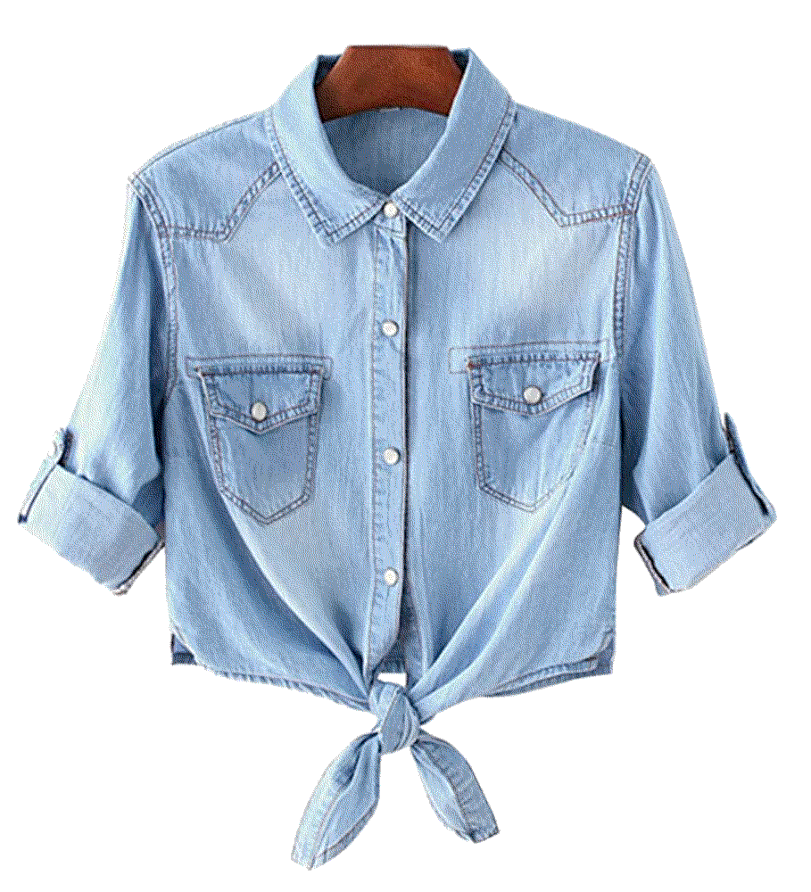 Button Up Roll Up 3/4 Denim Shirt Tie Knot Crop Tops  HaoMay