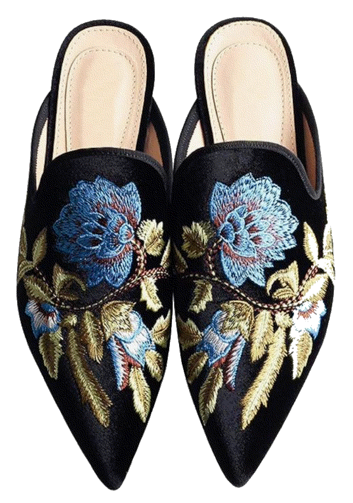 Velvet Backless Pointed Toe Loafers Flats Embroidery Mule Slippers Fericzot