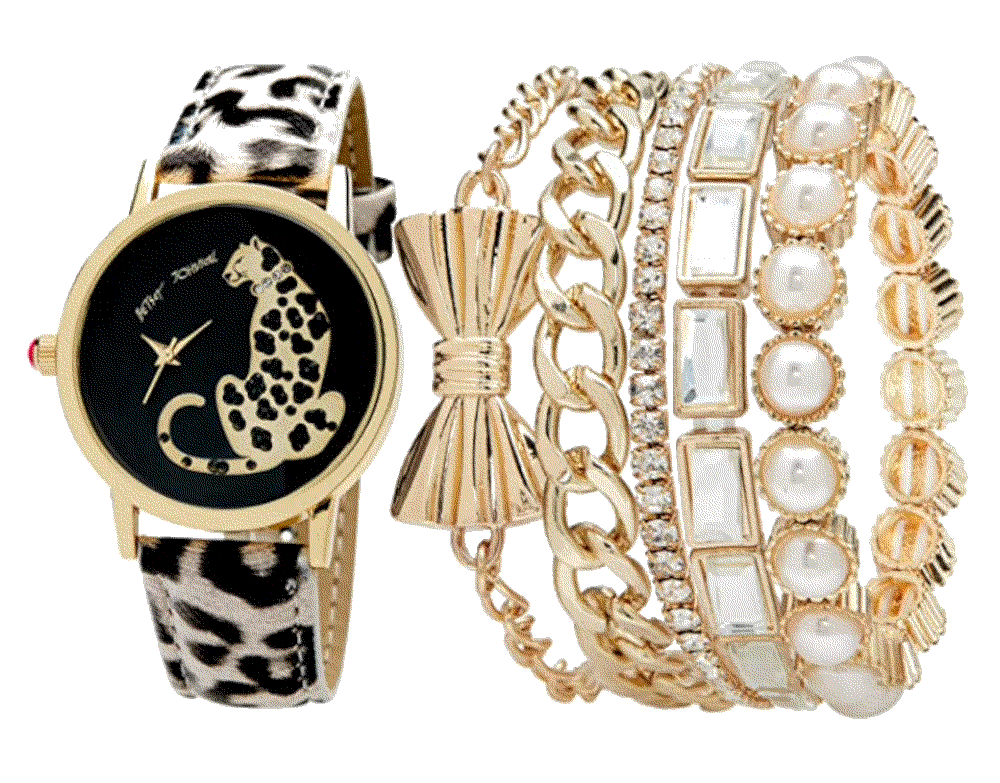 Vegan Leather Strapped Wristwatch with Bracelets Betsey Johnson
