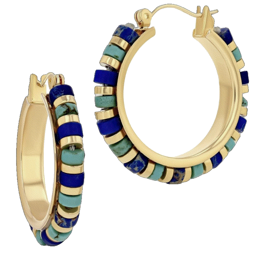 Large Gold Teal Blue Beads Natural Stone Hoop Statement Earrings Sngia