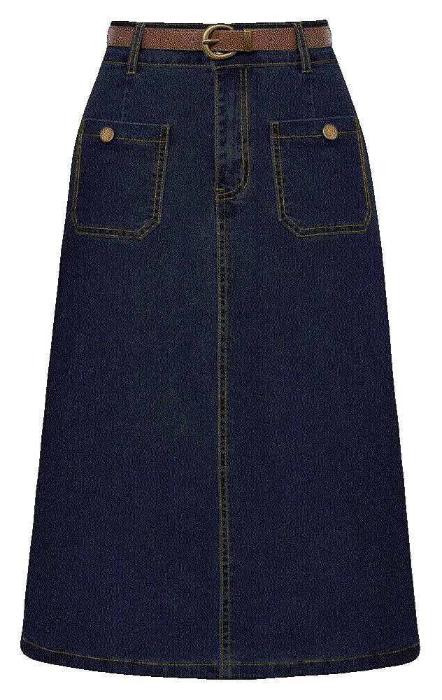 High Waisted Denim Skirt with Belt Below Knee Length Belle Poque