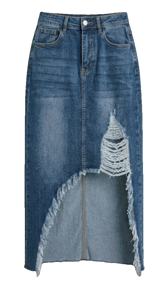 High Waisted Denim Button Front Ripped Midi  Skirt Dokotoo