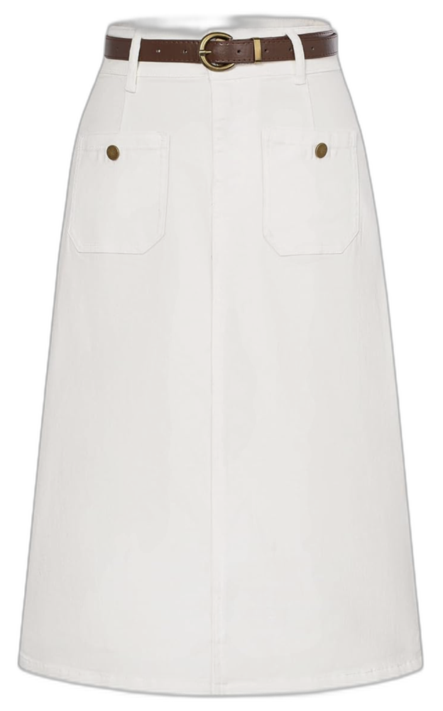 High Waisted Denim Skirt with Belt Below Knee Length Belle Poque