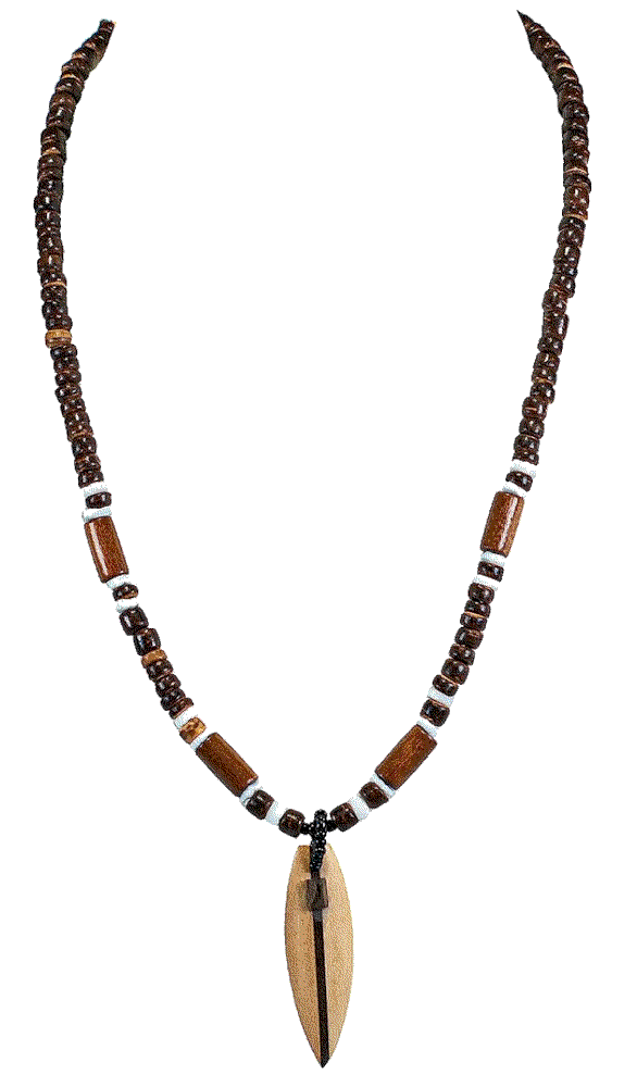 Wood Surfboard Pendant on Coconut Beads Necklace BlueRica