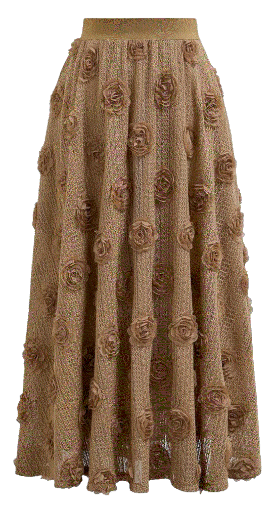 3D Rose Openwork Elastic Waist Cotton Casual Midi Skirt Chicwish