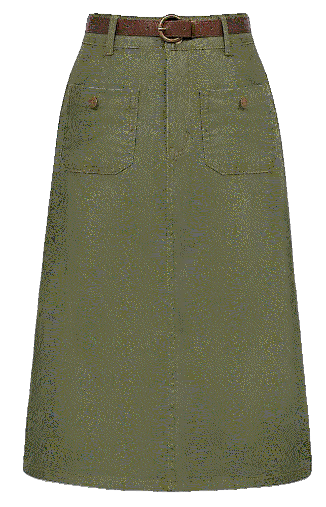 High Waisted Denim Skirt with Belt Below Knee Length  Belle Poque