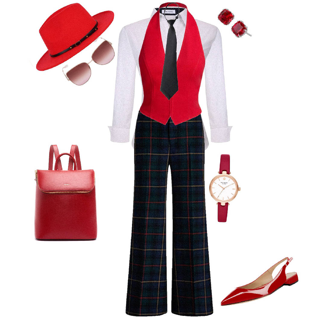 tartan flare pants with vest and tie