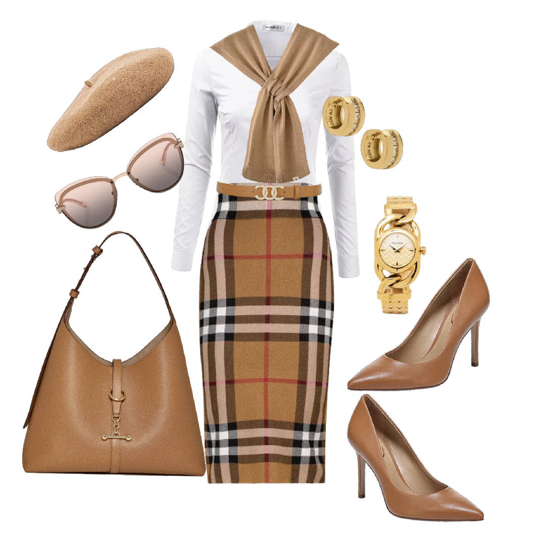 pencil plaid skirt and white shirt