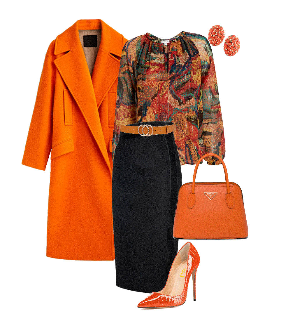 orange office outfits skirt