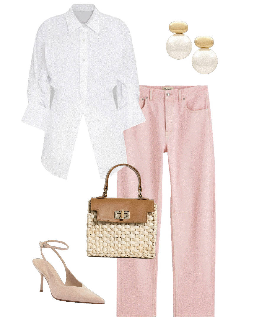powder pink jeans and white top