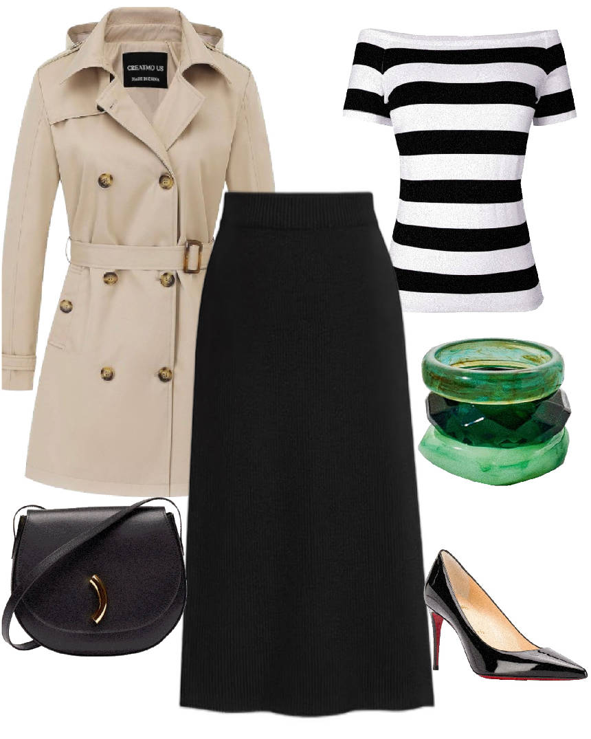 trench coat and black skirt