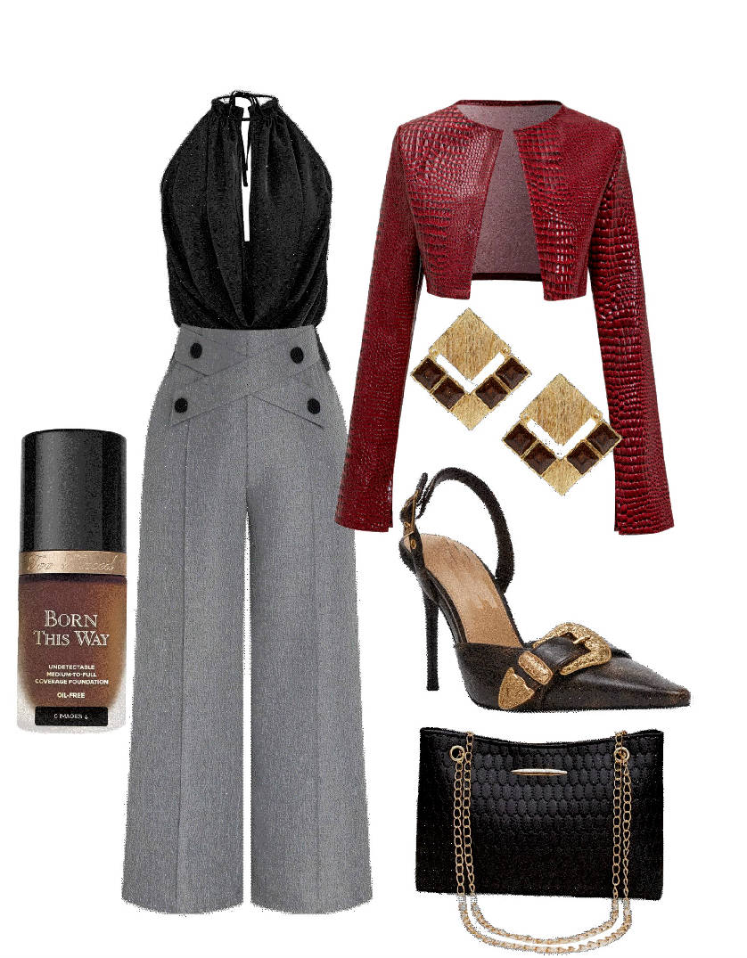 high waist gray pants and black top